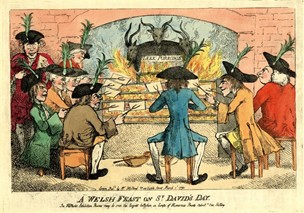 Foreign food - Satire on the Welsh, with nine men wearing leeks in their hats toasting slices of cheese in front of an open fire. 1 March 1790